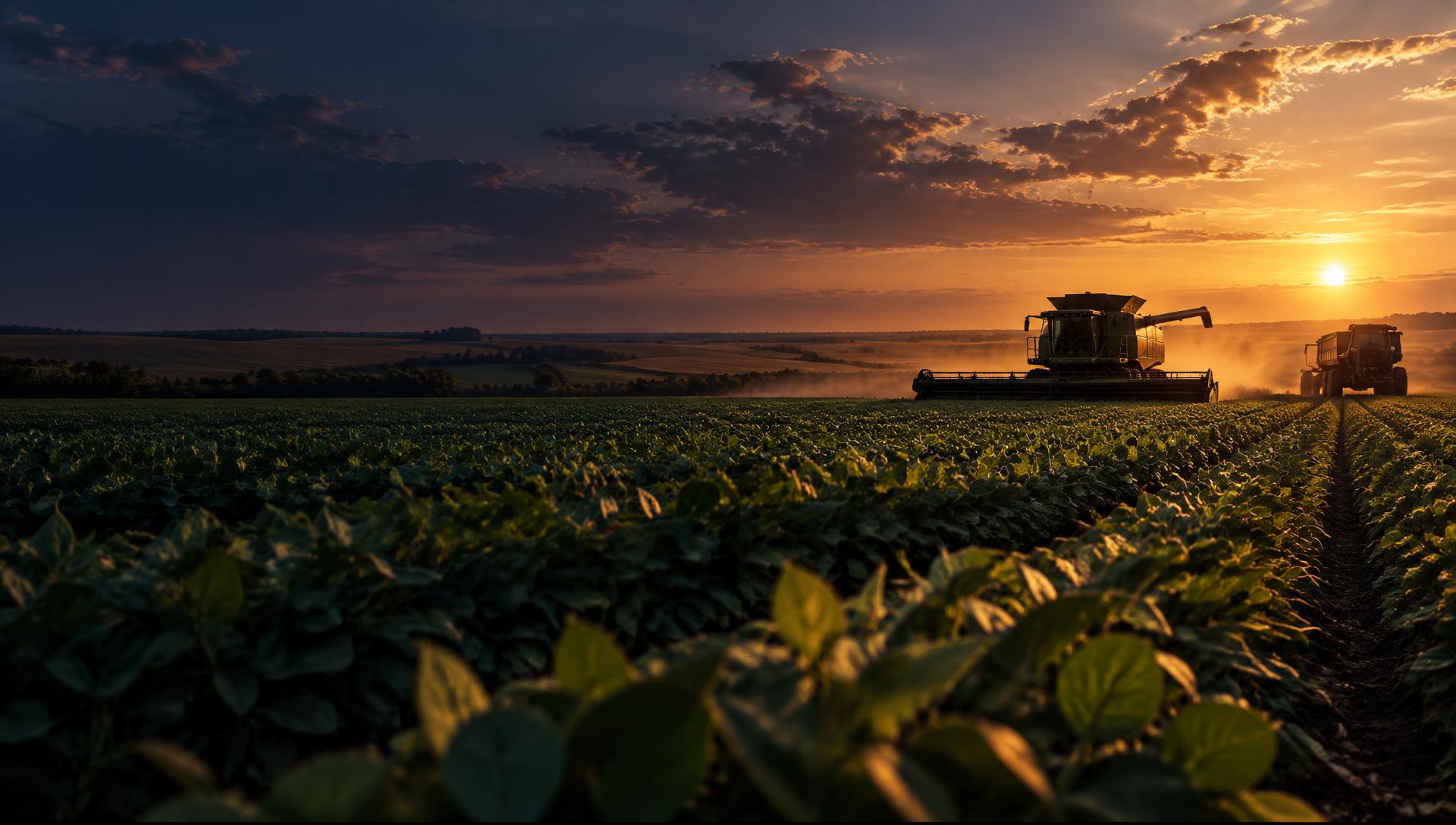 Lavoura produtiva com máquinas agrícolas ao pôr do sol